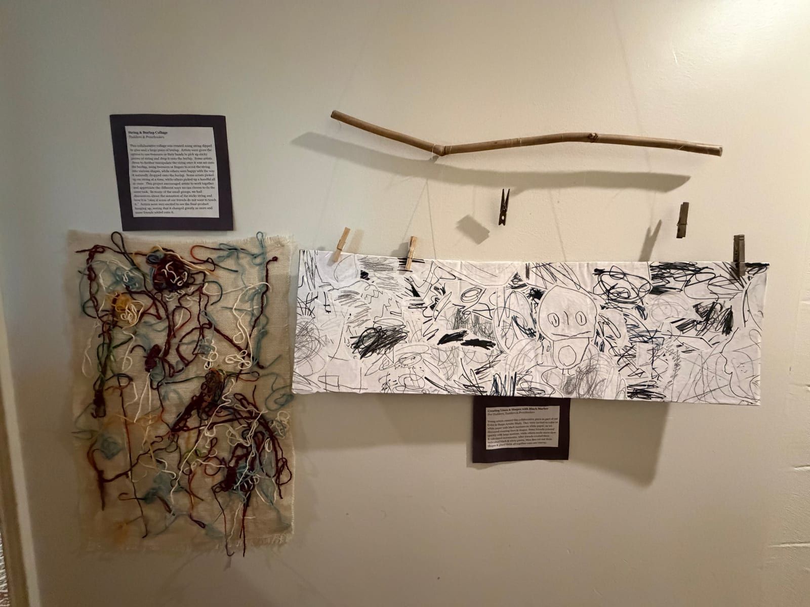 A yarn piece and a long black-and-white drawing clipped to a branch on the wall, with typed notes about the work.